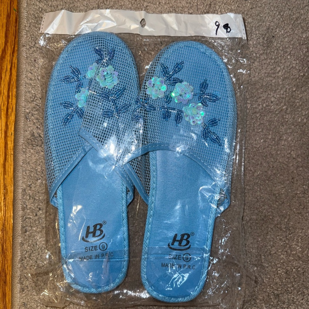 Blue Floral Mesh Slip-On Women's Slippers